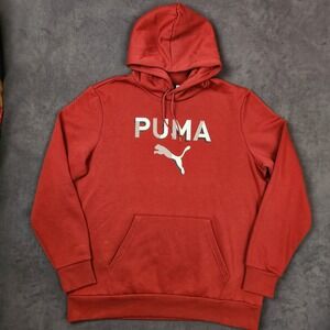 Puma Hoodie Mens XL Red‎ Silver Logo Pullover Sweatshirt Activewear
